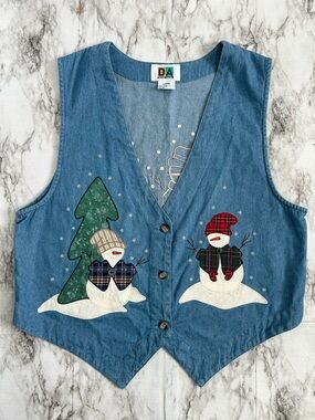 Dominion Apparel women’s size large Denim Christmas Holiday Snowman Vest grandma